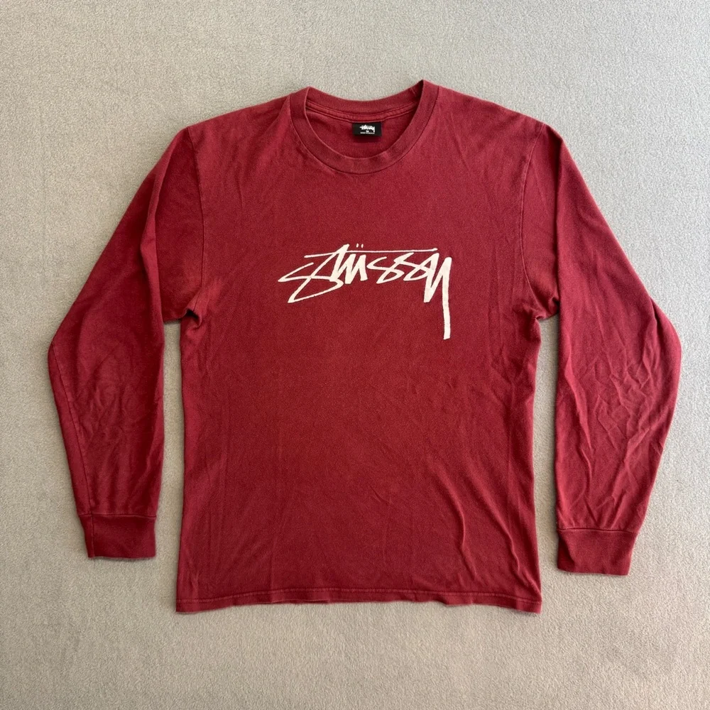 Stussy Shirt Medium Men's Long Sleeve Crewneck Pullover Logo Red Skate - Picture 1 of 9